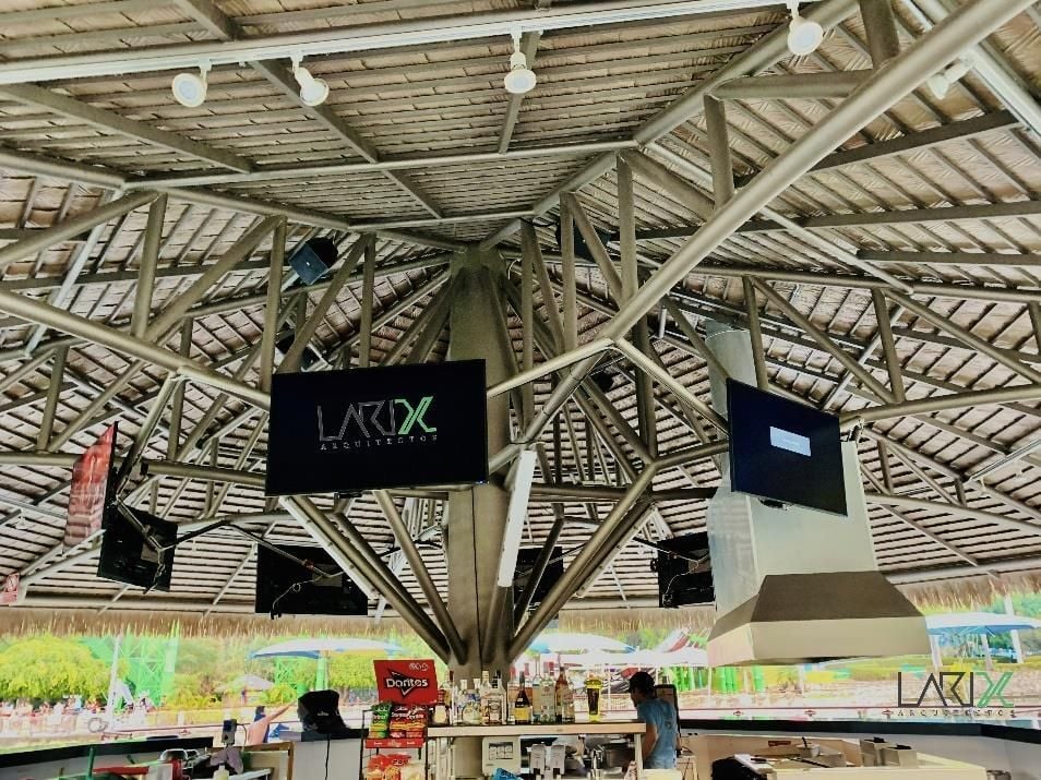 Radial structure and roof of the bar on the lake